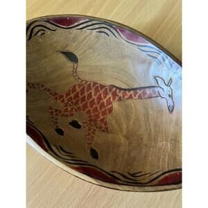 African Hand carved oval Wood Bowl With Hand Painted Giraffe 7”x5”